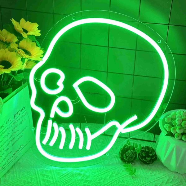 Letrero de neón LED Letrero de neón de calavera Cabeza de esqueleto verde Letrero de luz de neón LED Decoración de pared Letrero de lámpara de esqueleto para dormitorio Hombre Cueva Sala de juegos Decoración de fiesta YQ240126