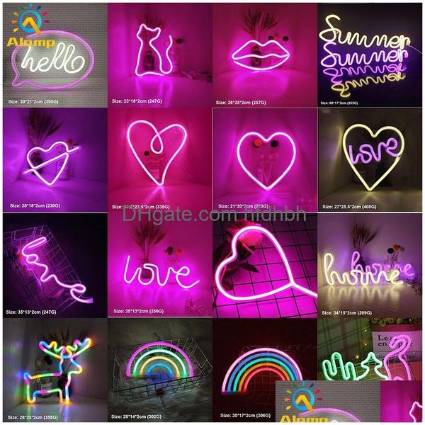 LED Neon Sign Smd2835 Veilleuse intérieure Amour Coeur Arc-en-ciel Chat Modèle d'éclairage USB Décorations Lampes de table pour les vacances de Noël par Dhpqt