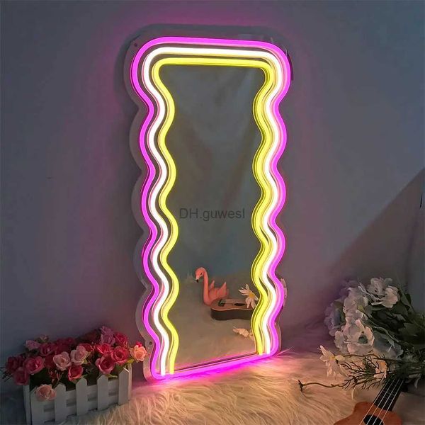 LED néon signe miroir ondulé avec LED néons LED cosmétique maquillage vague miroir lampe de nuit filles maison chambre décoration maquillage miroir lumières YQ240126