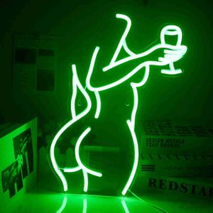 Led Neon Sign Vrouw Wijnglas Neon Sign Groene Led Dame Neon Borden Voor Bar Slaapkamer Indoor Neon Light Usb neon Lampen R230613