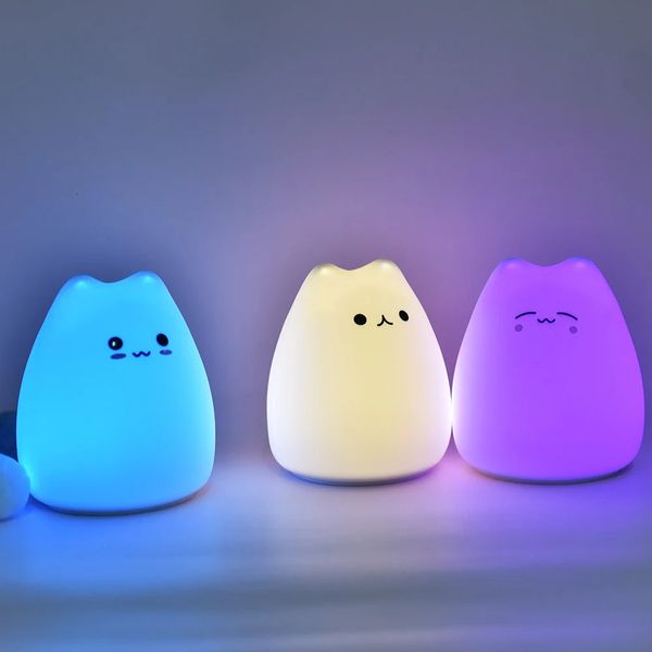 Light de nuit LED pour les enfants bébé enfants en silicone tactile 7 couleurs dessin animé chat lampe de couchage de la maison décoration 240507