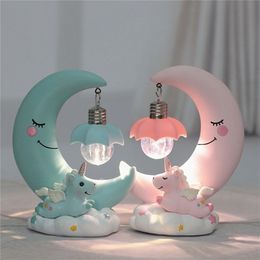 LED Nachtlicht Hars Maan Eenhoorn Cartoon Baby Lamp Romantische Slaapkamer Decor Voor Kinderen Kid Girl Toy Children's Gift Leuke 220329