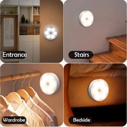 Luces LED de noche, Sensor de movimiento redondo recargable por USB, lámpara para armario, decoración de cocina y dormitorio