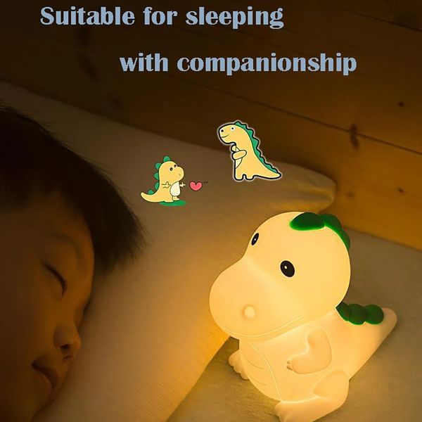 LED veilleuse dessin animé silicone dinosaure lampe lumières colorées pour chambre d'enfant décor de chevet cadeau de vacances type-c charge 240227