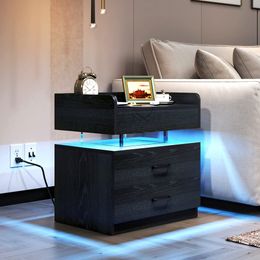 Table de chevet LED avec station de charge, mode LED activé par la voix, table d'appoint à 2 tiroirs avec ports de charge USB, table de chevet pour chambre à coucher, Livi