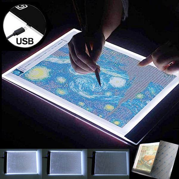 Kit de almohadilla LED Herramientas de pintura Tablero regulable Dibujo Caja de luz Accesorios de bordado de diamantes A5 / A4 201202