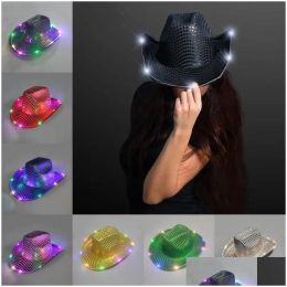 Led Party Hats Festival Flashing Light Up Sequin Cowboy Cowgirl Kerstmis Nieuwjaar Cosplay Luminous Caps Drop Delivery Home Garden Fes Dhyms