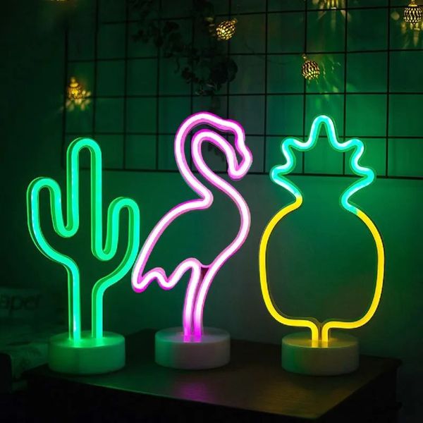 Led Rave Toy LED Néons Signe Flamingo Cactus Coeur Modélisation Lampe De Nuit Décor Boutique Chambre D'enfants Bar Bureau USB Batterie Alimenté 231211