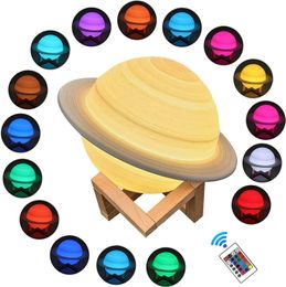 Led Saturn Night Light 3D -printen 15 cm 16 kleuren Saturn Bedide Lamp met stand, externe aanraakbediening USB oplaadbaar voor babykinderen vrienden Geschenken Slaapkamer