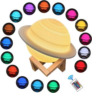 LED Saturn Night Light Impresión 3D 15 cm 16 colores Saturn Lámpara de noche con soporte, control remoto táctil USB recargable para bebés, niños, amigos, regalos, dormitorio