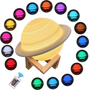 Veilleuse LED Saturn Impression 3D 8,6 pouces 16 couleurs Lampe de chevet lune avec support, télécommande tactile USB rechargeable pour bébé enfants amis cadeaux de Noël