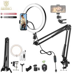 LED Selfie Ring Light Phone Stand with Pleging Arm Circle Relling Light Dimmable Tripod Pogray Light For YouTobe Streaming 240322