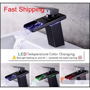 Led Sensor Cambio de color Grifo de baño Mezclador de lavabo de cromo negro Caño de cascada Agua fría y caliente qylTKY bdesports