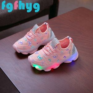 Led schoen meisje schoenen 2019top hot kinderen kid baby meisjes vlinder kristal led lichtgevende sport run sneakers schoenen scarpe c1002