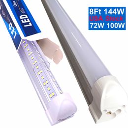 Luz de tienda LED 100W 144W Tubo 6500K 8FT Accesorio integrado Forma de V Luces T8 Clear Cove Hight Output Tira de luces Bombilla para garaje Almacén Taller Sótanos oemled