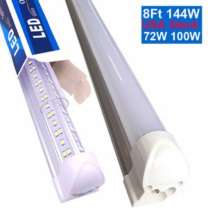 Tube lumineux LED Shop 8FT 72W 7200LM 100W 10000LM 144W 14400LM 15000LM 6500K Blanc Couvercle transparent en forme de V Haut rendement Linkable T8 Garage 8 pieds avec prises Crestech168