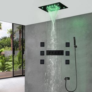 LED Ensemble De Douche 304 En Acier Inoxydable Plafond Pluie Pomme De Douche Panneau Mitigeur Thermostatique Salle De Bains Noir Robinets Massage Corps Jets