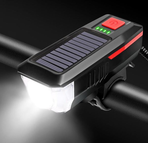 Luz LED solar para bicicleta, luces delanteras recargables por USB con bocina, luces delanteras para ciclismo al aire libre, IP65, accesorios de lámpara para bicicleta impermeables