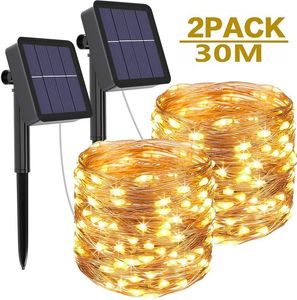 Luz solar LED Guirnalda de hadas impermeable para exteriores Luces de cadena Fiesta de Navidad Jardín Lámpara solar Decoración 5/110/20/30/40 M Tiras Cooper Wire Blanco cálido Púrpura Rojo