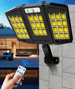 LED-zonneverlichting buiten met bewegingssensor, straatlantaarn met 3 koppen, veiligheidsverlichting IP65 waterdicht, 1000 lumen, 270 ° groothoekschijnwerper, afstandsbediening, tuin