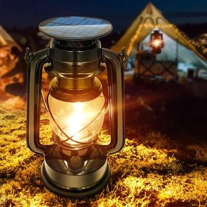 LED Solar Vintage Lantern Outdoor Hanging Metal Antique USB Charging Solar Light for Garden Yard Decor of Camping Hiking 240419