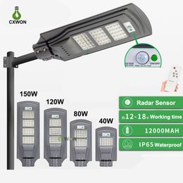 LED Solar Street Lamps 40W 80W 120W 150W IP65 Radar Motion Sensor Wall Lights constant heldere buitenverlichting met afstandsbediening en paal