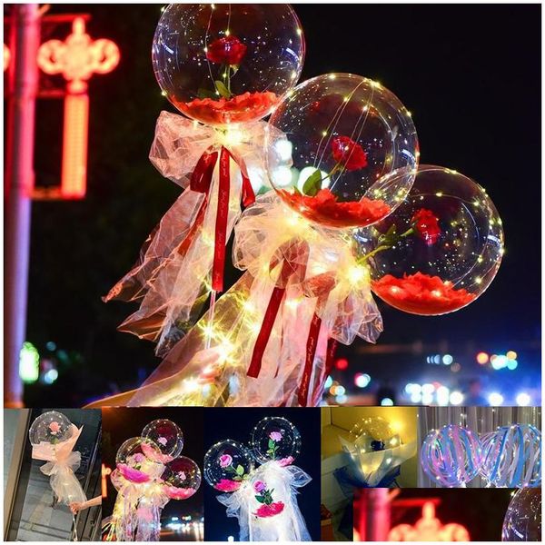 Guirnalda de luces Led Diy, globos Bobo con flores rosas, iluminación de hadas con palos, ramo de globos transparentes para fiesta, globo, boda, Hol