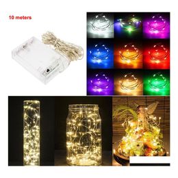 LED -snaren 10m 100 LED 3AA batterij aangedreven Outdoor Sier draad koper Fairy String Lights Christmas Wedding Party Decorations Garland Dhwof