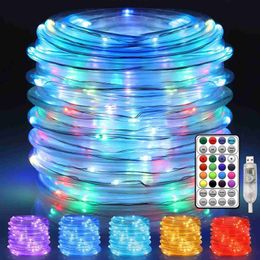 Cuerdas LED 33 pies / 10 m 100 luces de cadena LED Enchufe USB para exteriores Impermeable 16 colores que cambian 12 modos de luz con control remoto Lichterkette YQ240401