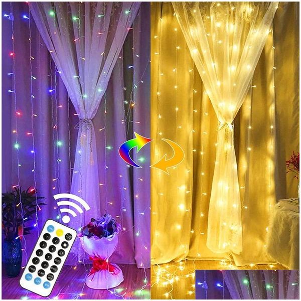 LED Strings 3X 300 LED Rideau String Lights Ip65 étanche Noël RVB couleur changeante lumière 11 modes avec toile de fond à distance intérieure Dh9Ng