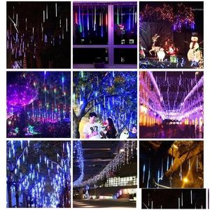 LED Strings 8 Tubes Année Décoration Lumière 30Cm 50Cm Météore Extérieur Pluie Pluie Lumières Étanche Pour La Fête De Noël Drop Deliv Dhbfh