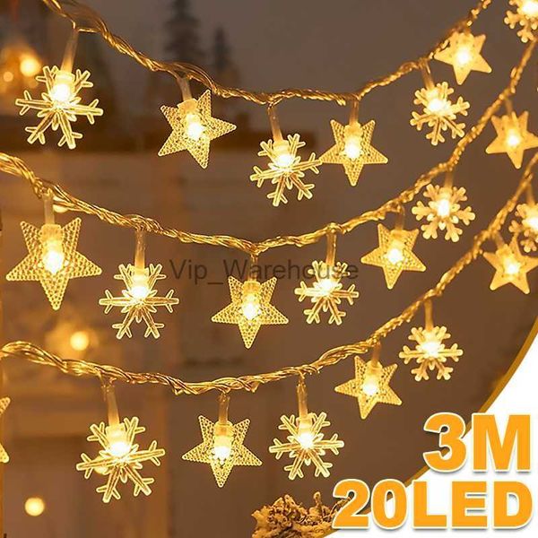 Cadenas LED Decoraciones navideñas Copos de nieve Luces de cadena de estrellas Guirnalda Lámparas de iluminación de hadas alimentadas por batería para Xams Tree Decor HKD230919