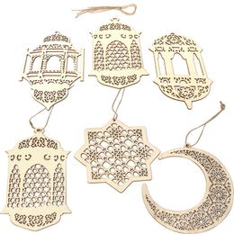 LED STRINGEN EID MUBARAK Wood Pendant Star Lantern Moon Hangende ornamenten met string Ramadan Plaque Sign Islam Muslim Kareem Home Decor P230414