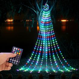 LED-snaren Maanster watervalverlichting Kerstboom indoor outdoor waterdichte zonne-afstandsbediening decoratieve gordijnverlichting 8 modi 9 stands warm wit RGB