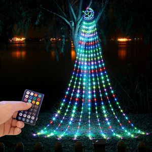 Chaînes LED Lune étoiles cascade lumières arbre de Noël extérieur étanche télécommande solaire lumières décoratives Bluetooth 9 cordes blanc chaud fête colorée