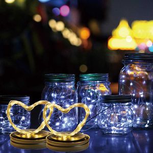 LED-snaren Feest 10 STKS Zonne-energie Mason Jar Deksel Verlichting Led Koperdraad Kerstverlichting Slingers voor Vakantiefeest Kerst Patio Gazon Tuin Decor HKD230919