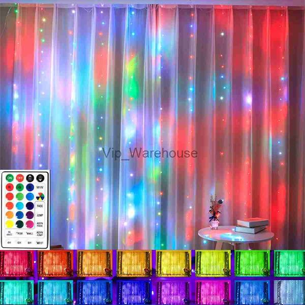 Cadenas LED Fiesta 16 Cambio de color Arco iris RGB Cortina Luces de hadas Telón de fondo Ventana Luz de cadena 300LED USB Remoto Luces de carámbano de hadas HKD230919