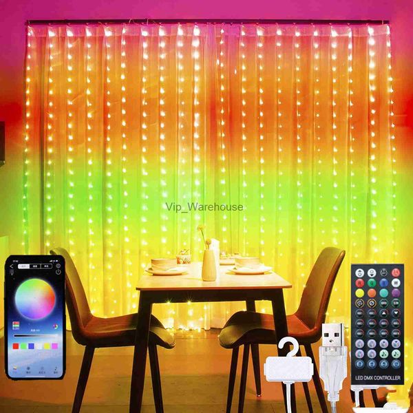 LED Strings Party 3M Smart LED Cortina Luces Bluetooth Aplicación Control remoto USB Colorido RGB Lámpara de ventana para dormitorio Decoración navideña Fiesta de bodas HKD230919