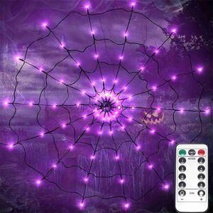 LED Strings Party Halloween Spider Web LED lumières cour extérieure jardin araignée peur accessoires décoratifs violet chaîne lumière avec télécommande HKD230919