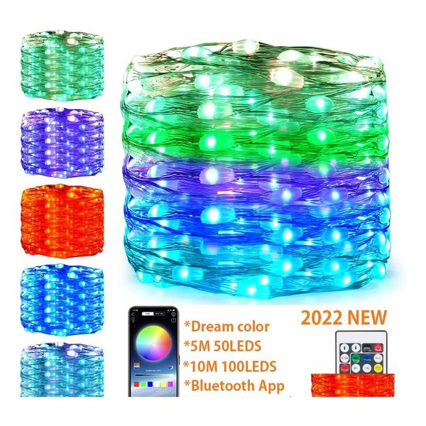 LED Strings Smart App String 10m 100led Rgb Colorf Luz de hadas Adornos para árboles de Navidad Decoración del año del hogar Guirnalda Luces de entrega de gotas Dhwt3