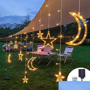 LED Strings Solar Light String Rideau Romantique Corde Lumières avec télécommande Étoile extérieure Guirlande Lune Lampe Bar Décoration de la Maison P Dhhtl