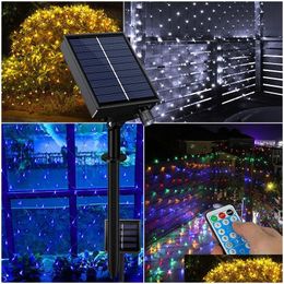 Led-snaren Solar Net Light 1,5X1,5M 3X2M Leds Timer Dimmen Flash String Ip65 Waterdicht Kersttuinen Decoratie Wachtrijpad Ga Dheeq