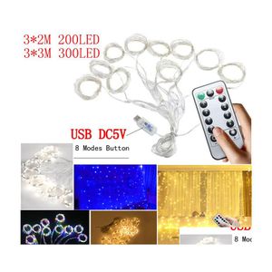 Led Strings Usb Led String Lights Dc5V 3X 3X2M Fenêtre Rideau Télécommande Gradation Fil De Cuivre Lumière De Noël Fête De Mariage Drop Otlsj