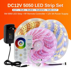 Luz de tira LED 5050 RGB / RGBW / RGBCCT Ribbon flexible Fita LED tira de luz 60LEDS / M 5M + Toque RF Remote + DC12V Adaptador enchufe