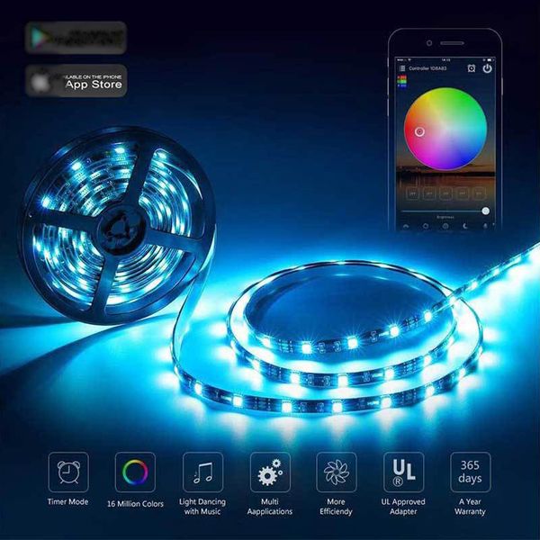 Tira de luces LED RGB 16.4FT Bluetooth Luz que cambia de color Control de aplicaciones LED inteligentes Stripr Colors Picking Iluminación de música multicolor para dormitorio Habitación Fiesta usalight