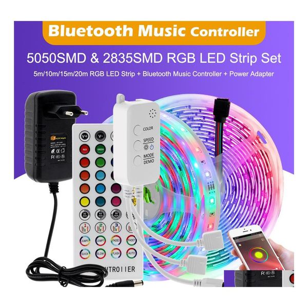 Tiras LED 10M 15M 20M RGB Luz de tira intercambiable DC12V 2835 5050 Cinta Controlador de música Bluetooth Agregar adaptador de alimentación Entrega de gota L Dhn3B