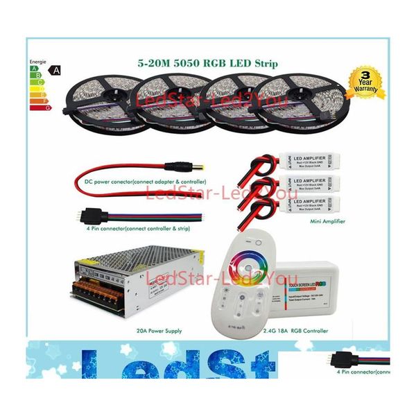 Bandes LED 5050 Rgb Strip Bande Bande Tiras 20M 15M 10M 5M Fl Kit Ajouter 18A Rf Télécommande Adaptateur secteur Amplificateur Drop Delivery Otapu