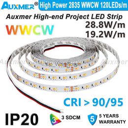 Bandes LED Auxmer haute puissance 2835 WWCW 120LEDs/m bandes LED CRI95 CRI90 IP20 DC12V/24V 28.8W/m 19.2W/m 5m CCT bande LED réglable en température de couleur HKD230912