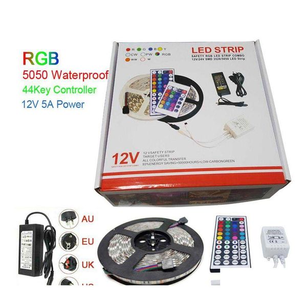 Tiras de luz LED Rgb 5M 5050 Smd 300Led impermeable Ip65 Agregar mini controlador de 44 teclas Agregar fuente de alimentación de 12V 5A con caja Gota de Navidad del Dh0Ni