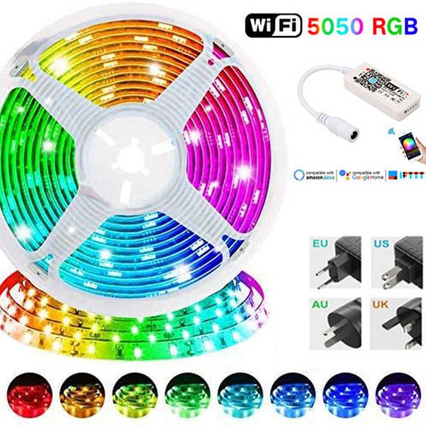 Bandes LED RGB LED bande lumières 5050 Bluetooth WIFI contrôle Fita 16Ft-98.4 pieds pour TV ordinateur chambre fête de vacances prend en charge Alexa Google P230315